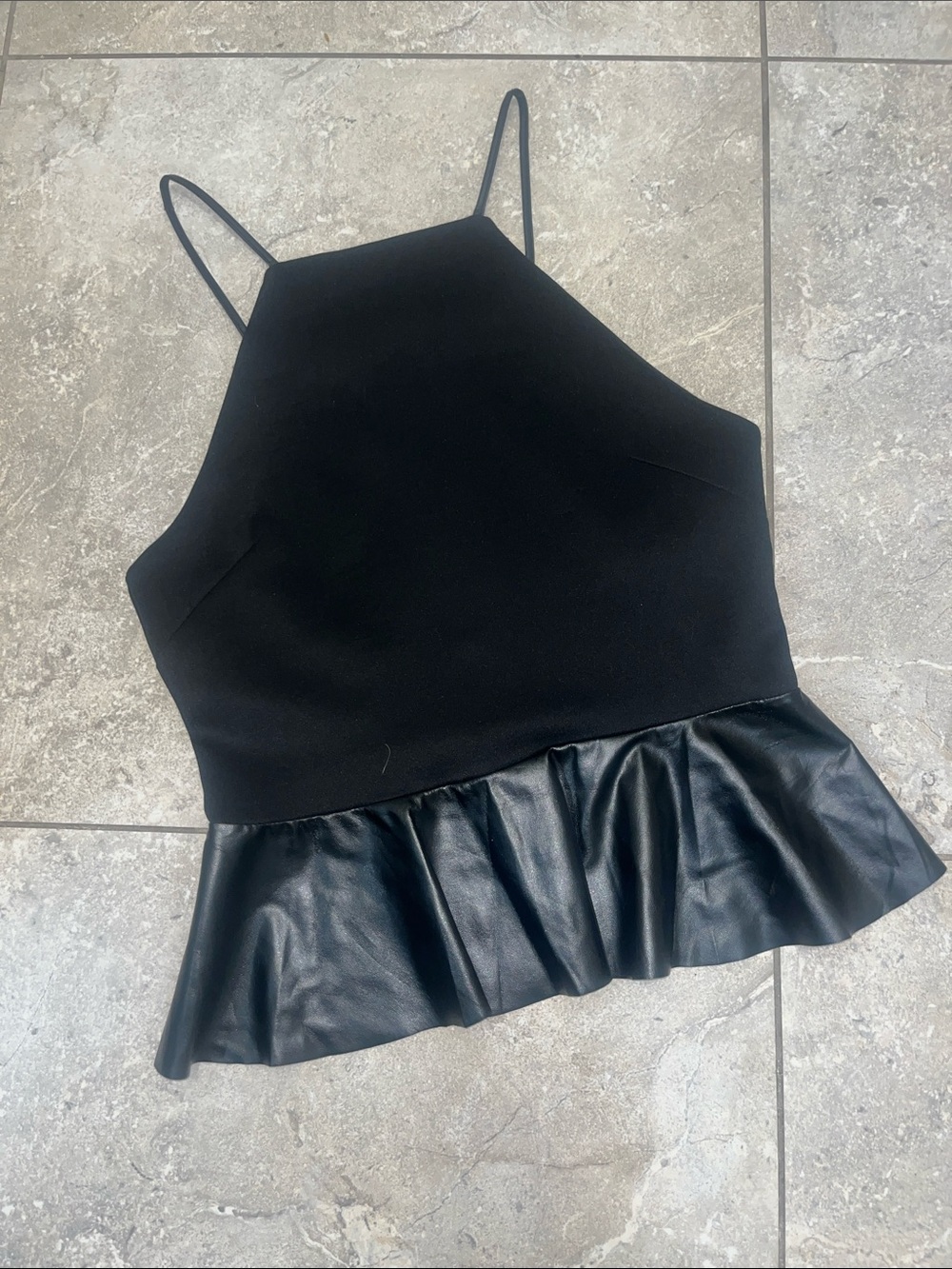 Black Peplum Tank Top with Faux Leather Hem